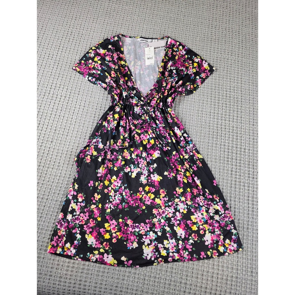 Lands End Swim Cover Up Dress W Pockets  Women S Black Pink Yellow Floral (481)